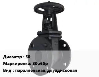Задвижка чугунная канализационная 50 30ч6бр параллельная, двухдисковая